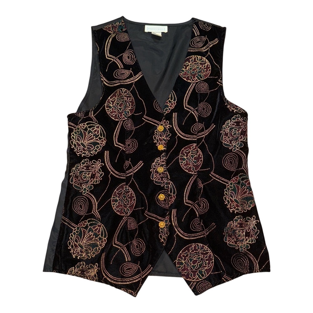 Vintage Impressions of California Black Velvet Metallic Floral Vest Medium